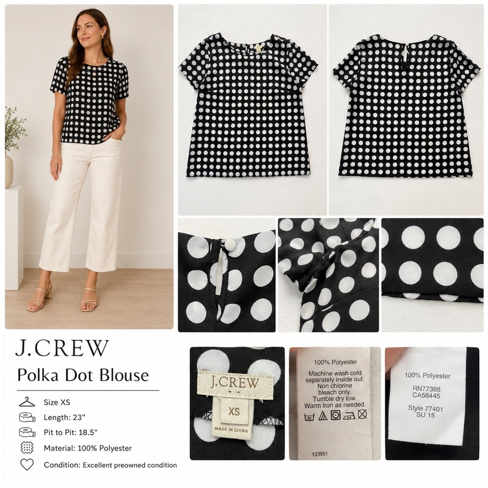 J.CREW Blouse Womens XS Black Polka Dot Short Sleeve Keyhole Back Top - Picture 2 of 10